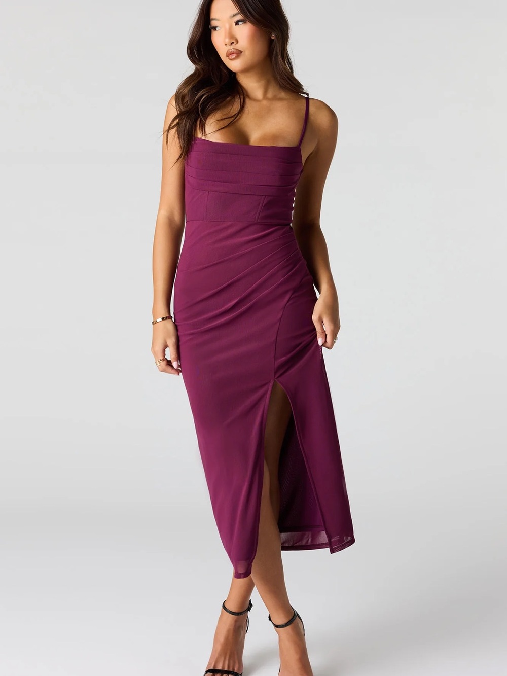 Sleek Spaghetti-Strap Midi Dress in Deep Plum